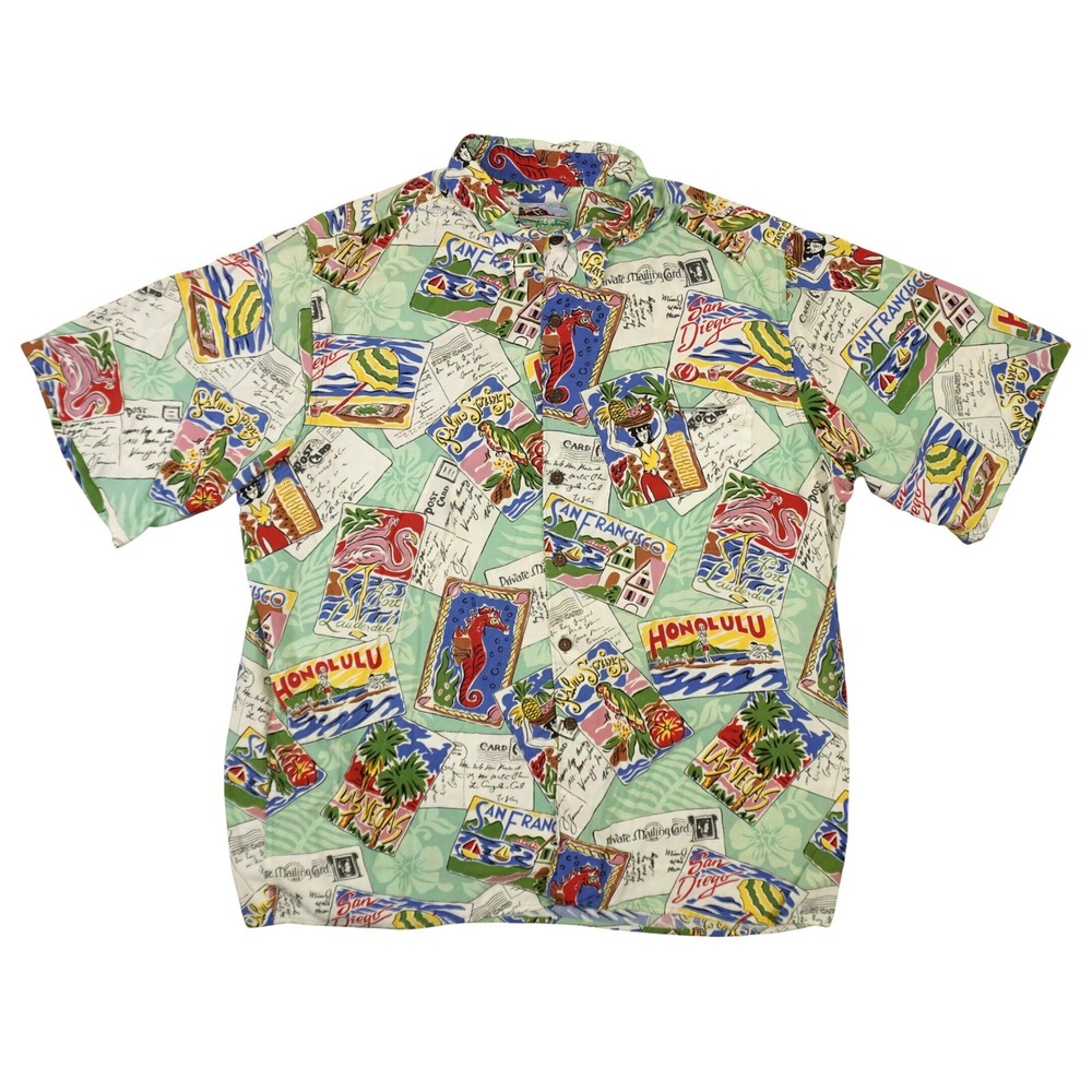 Reyn Spooner Hawaiian Shirt Mens XL Postcard Spun Rayon Aloha California AOP